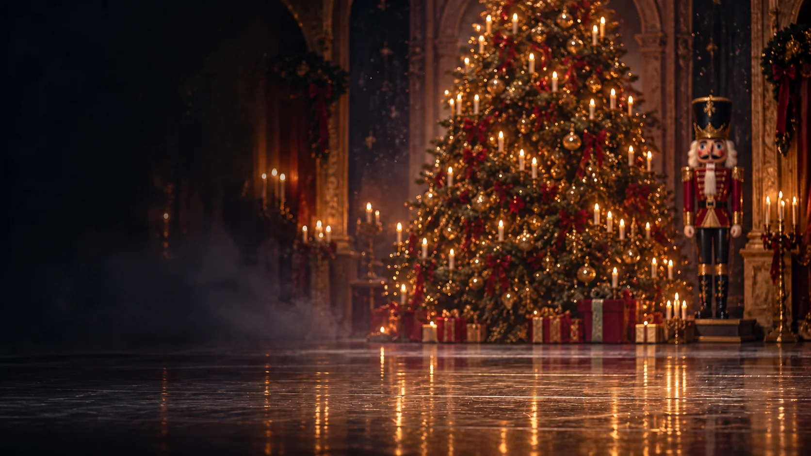 A candlelit Nutcracker stage with a decorated Christmas tree and wooden Nutcracker soldier