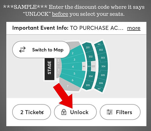 Ticketmaster seating screen with an arrow pointing to the Unlock button